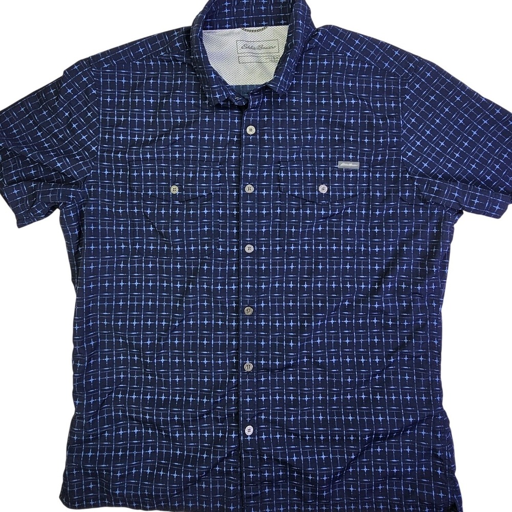 Eddie‎ Bauer Mens Slim Fit Short Sleeve Button Down Shirt Blue Geometric L 1307